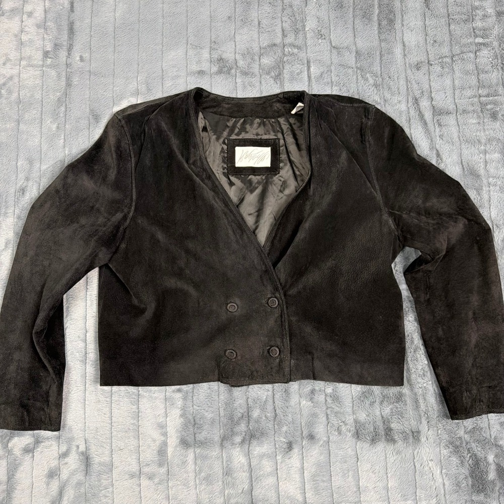 Vintage Black Silky Pig Suede Cropped Jacket Double Breasted Size 16 Korea